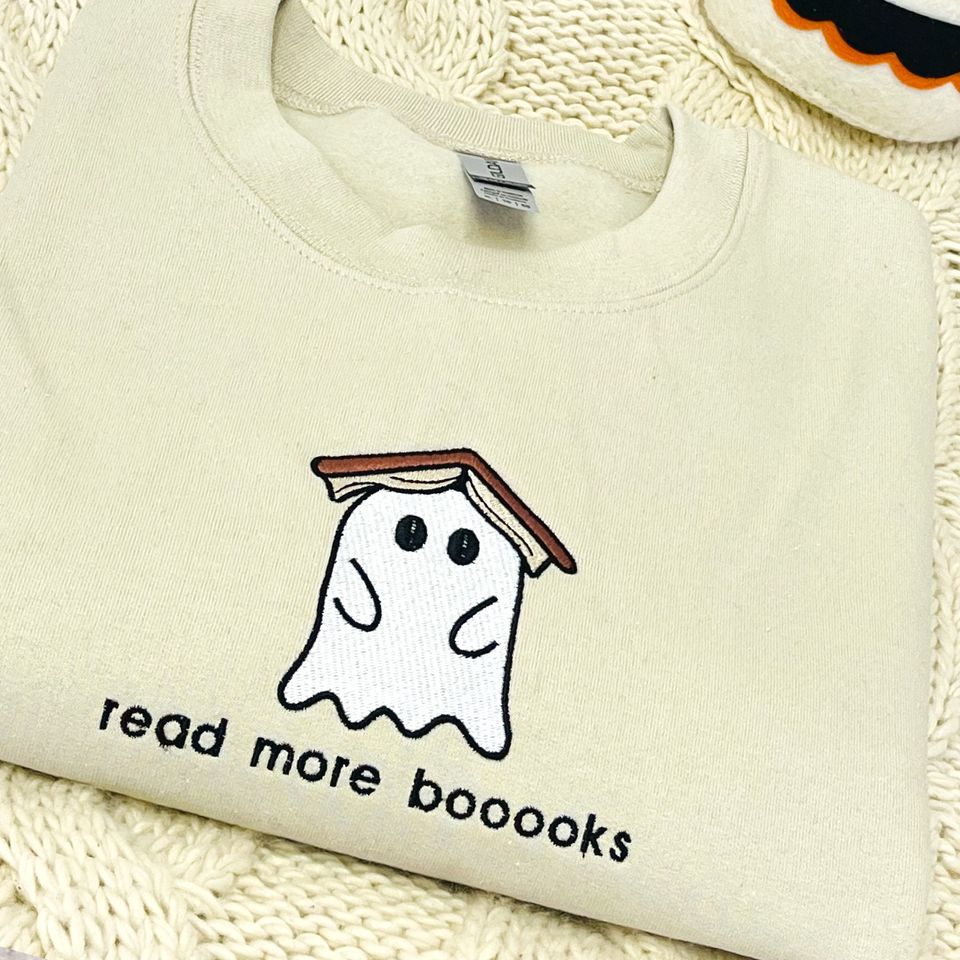 Ghost Book Sweatshirt Embroidered, Read More Booooks Sweatshirt