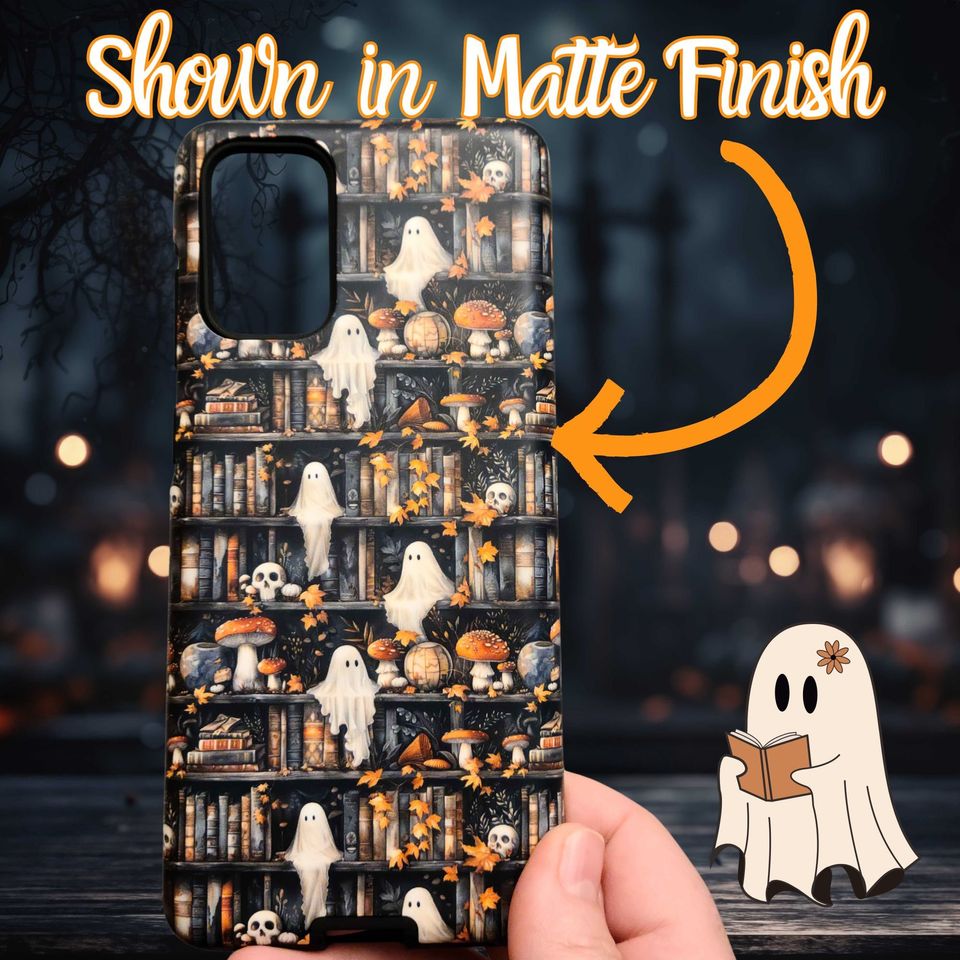 Bookish Ghost Phone Case: Dark Academia Bookshelf Skulls