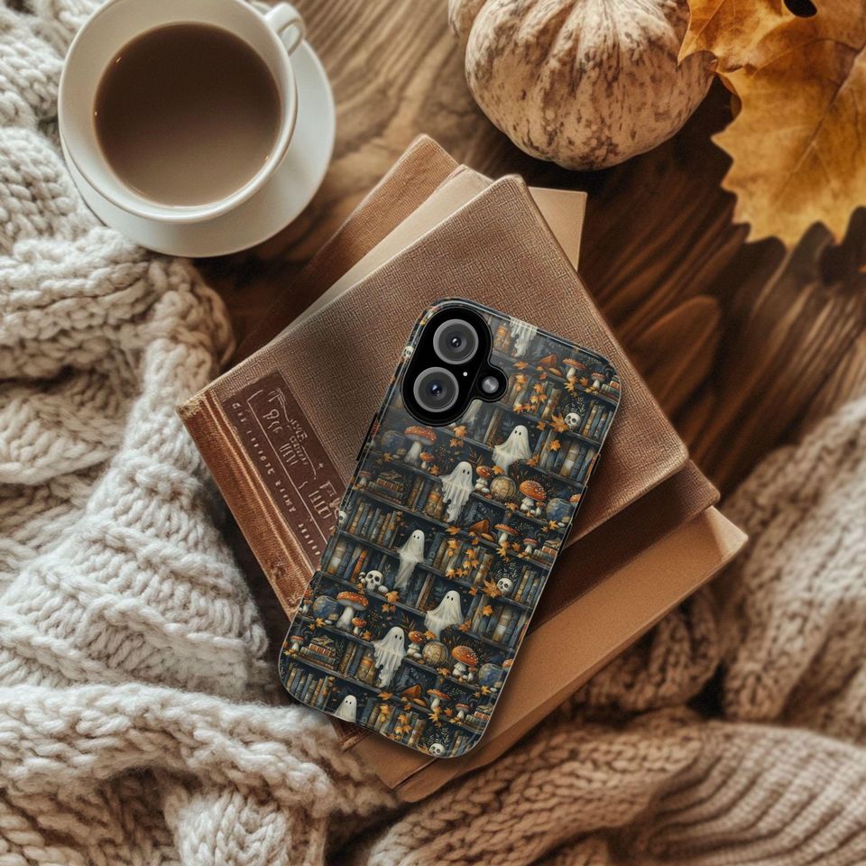 Bookish Ghost Phone Case: Dark Academia Bookshelf Skulls