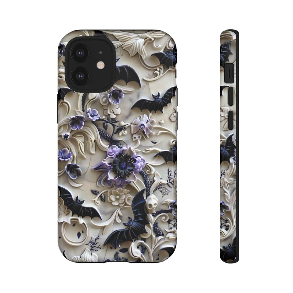 Purple Floral Bat Phone Case: Gothic Halloween Cover