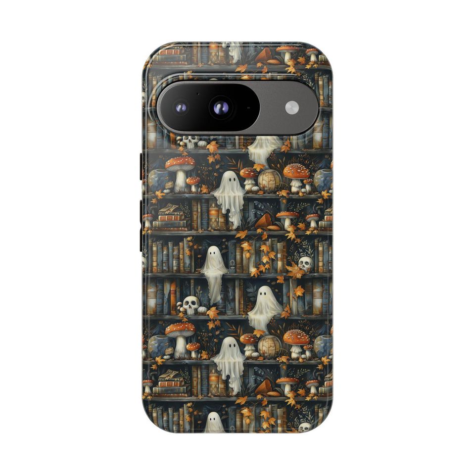 Bookish Ghost Phone Case: Dark Academia Bookshelf Skulls