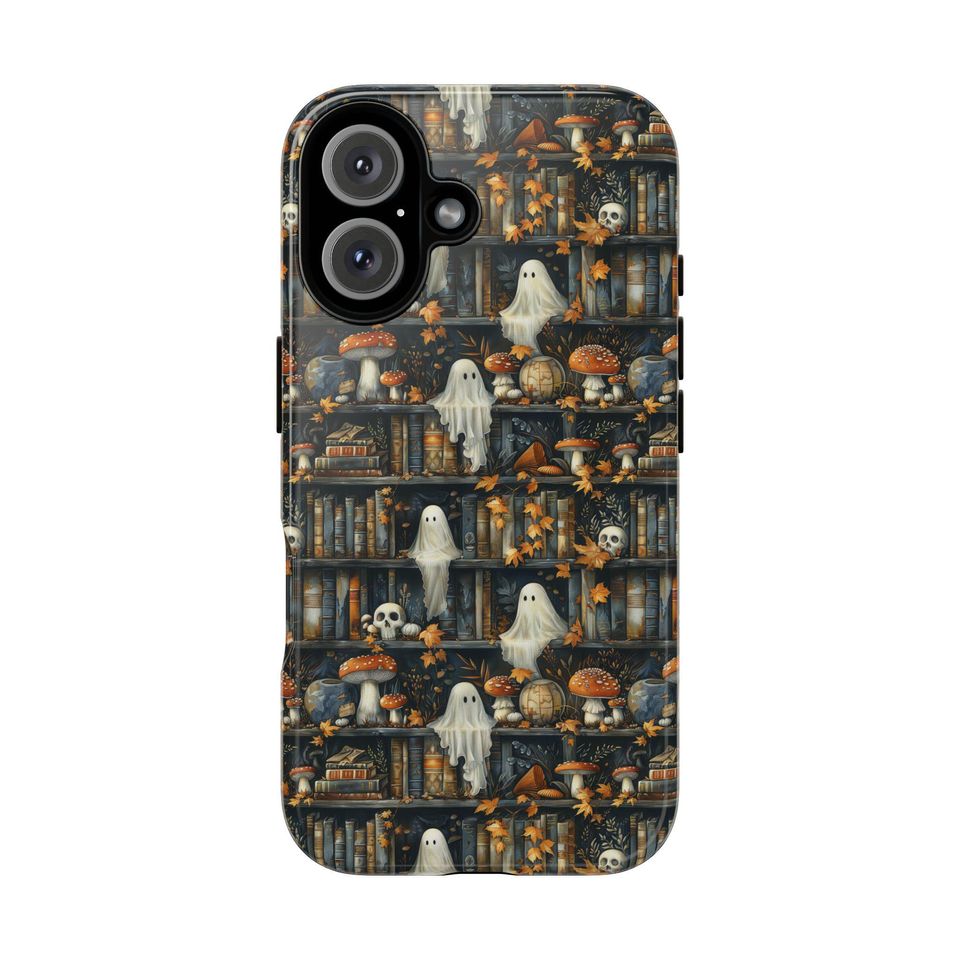 Bookish Ghost Phone Case: Dark Academia Bookshelf Skulls