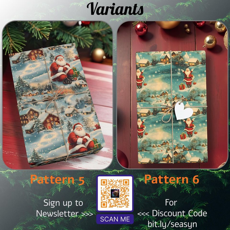 Vintage Christmas Gift Wrap, Santa Wrapping Paper with Fireplace Scene, Perfect for Kids and Family Gifts, Festive Holiday Wrapping K3