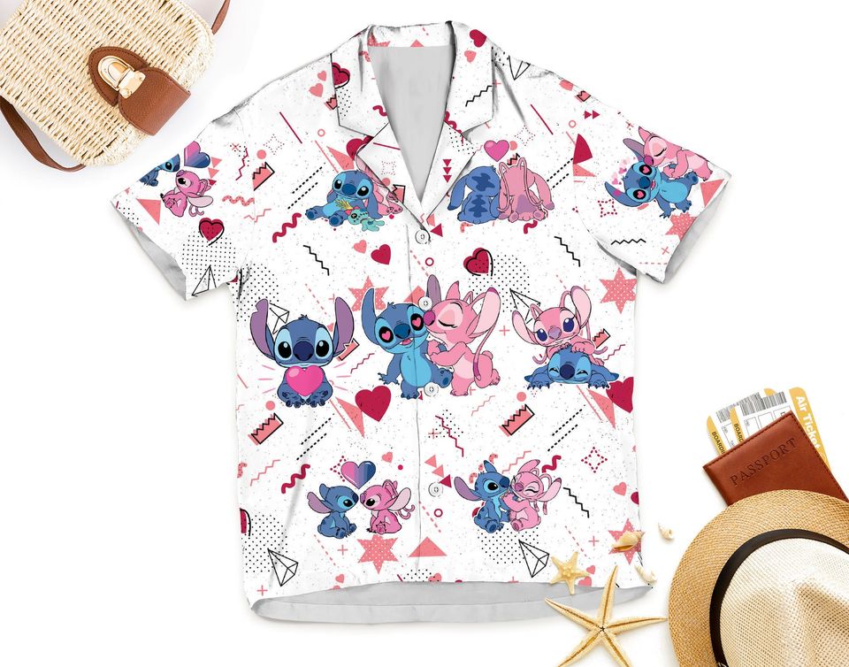 Stitch and Angel Valentine Shirt, Disney Stitch Hawaiian Shirt