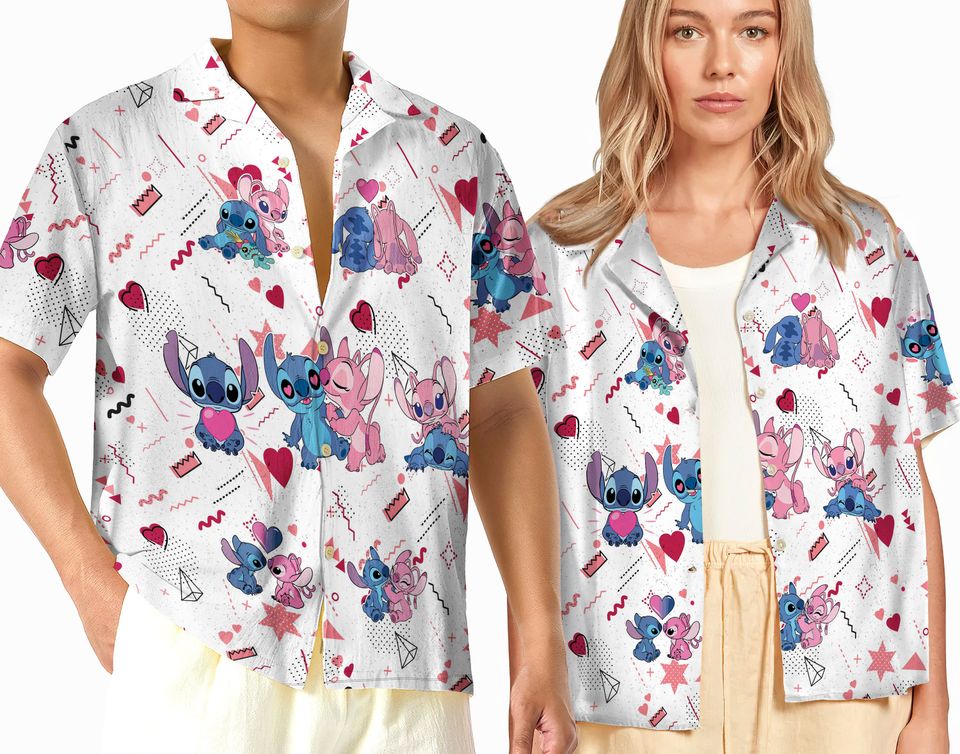 Stitch and Angel Valentine Shirt, Disney Stitch Hawaiian Shirt