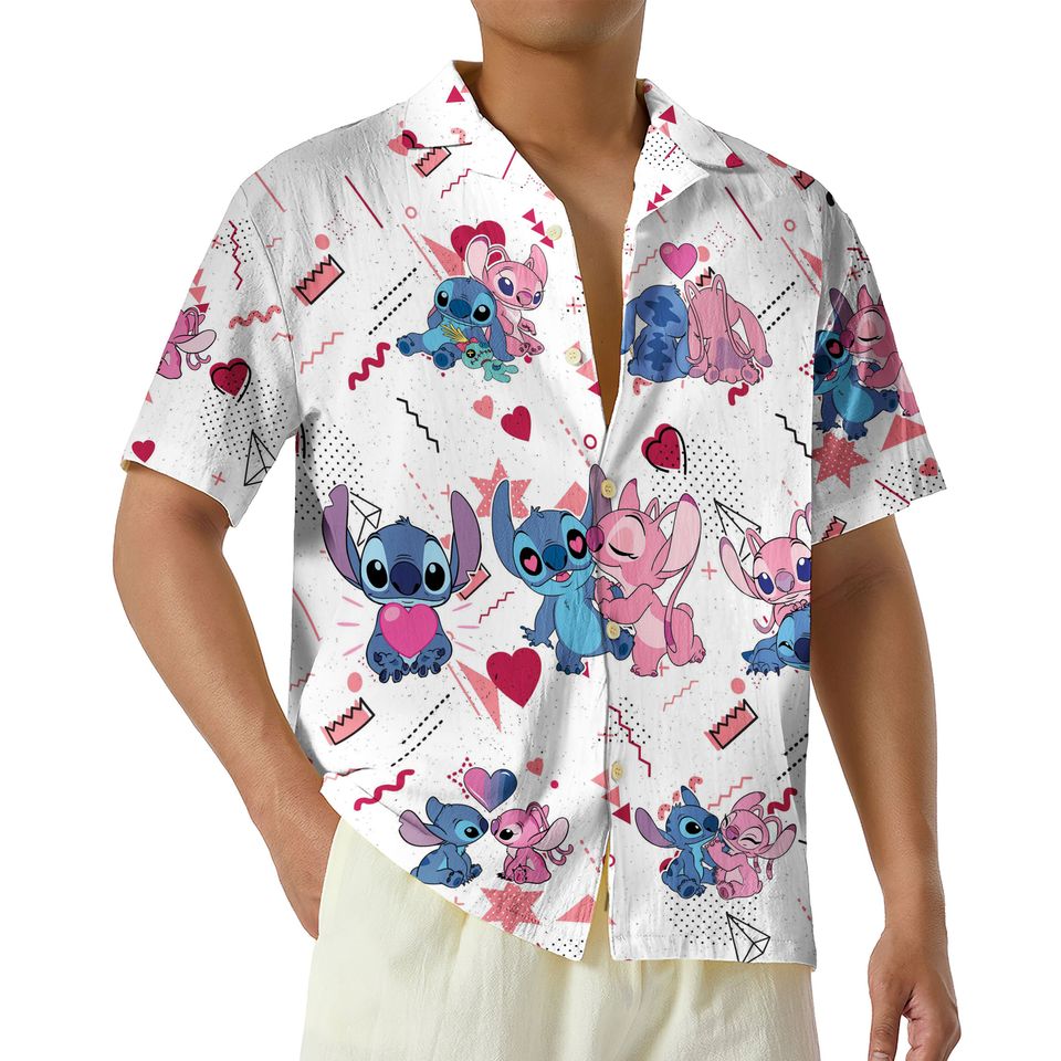 Stitch and Angel Valentine Shirt, Disney Stitch Hawaiian Shirt