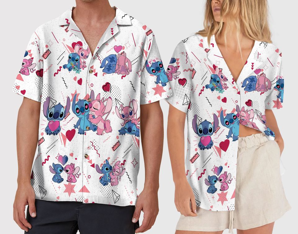 Stitch and Angel Valentine Shirt, Disney Stitch Hawaiian Shirt