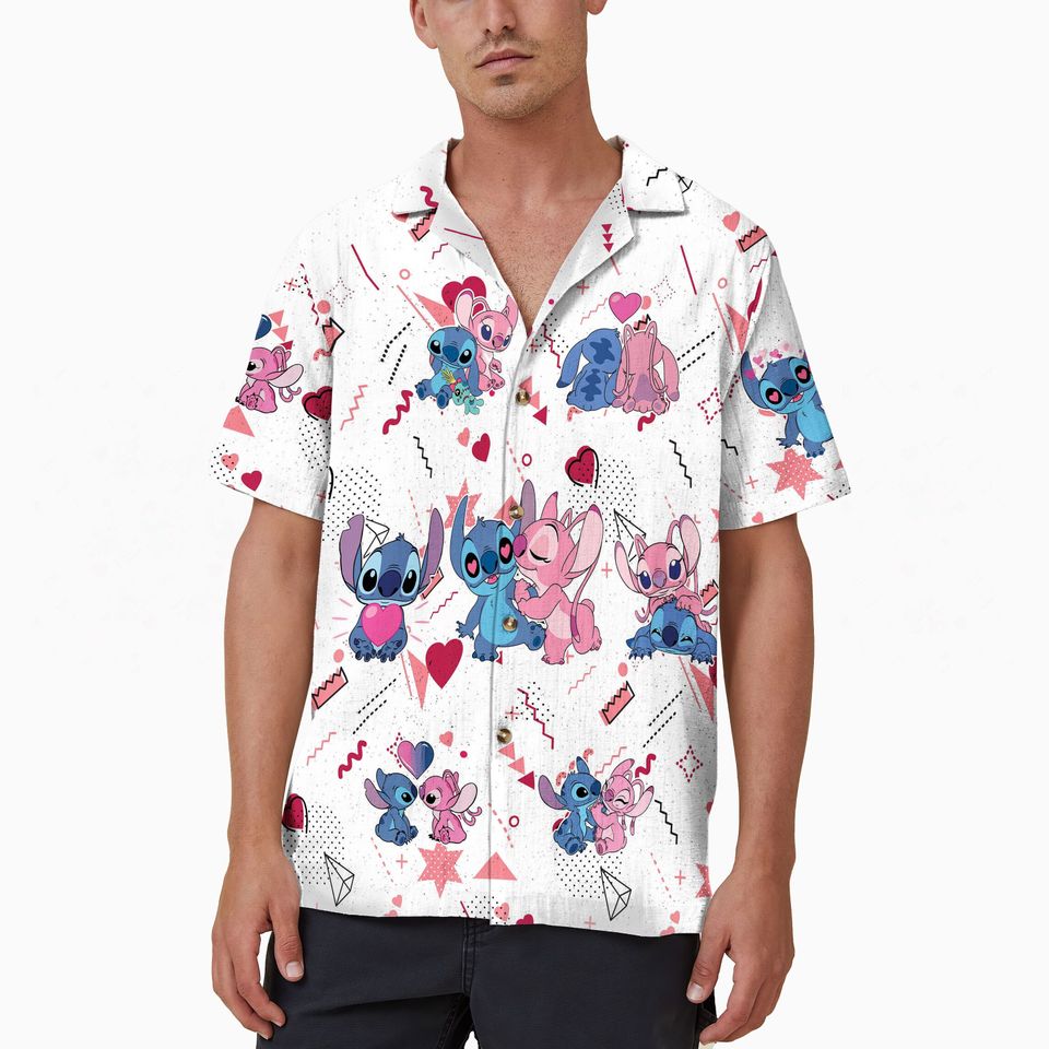 Stitch and Angel Valentine Shirt, Disney Stitch Hawaiian Shirt