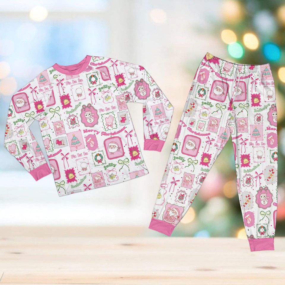 Coquette Christmas Pajama Set, Cute Preppy Christmas Long Sleeve Two Piece Pajama, Girly Christmas Pajamas, Tis The Season Holiday Xmas Gift