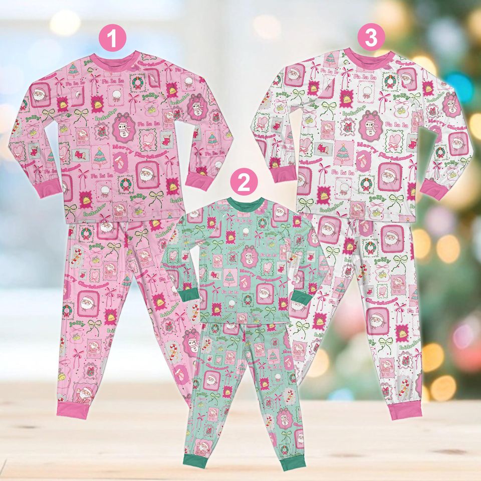Coquette Christmas Pajama Set, Cute Preppy Christmas Long Sleeve Two Piece Pajama, Girly Christmas Pajamas, Tis The Season Holiday Xmas Gift