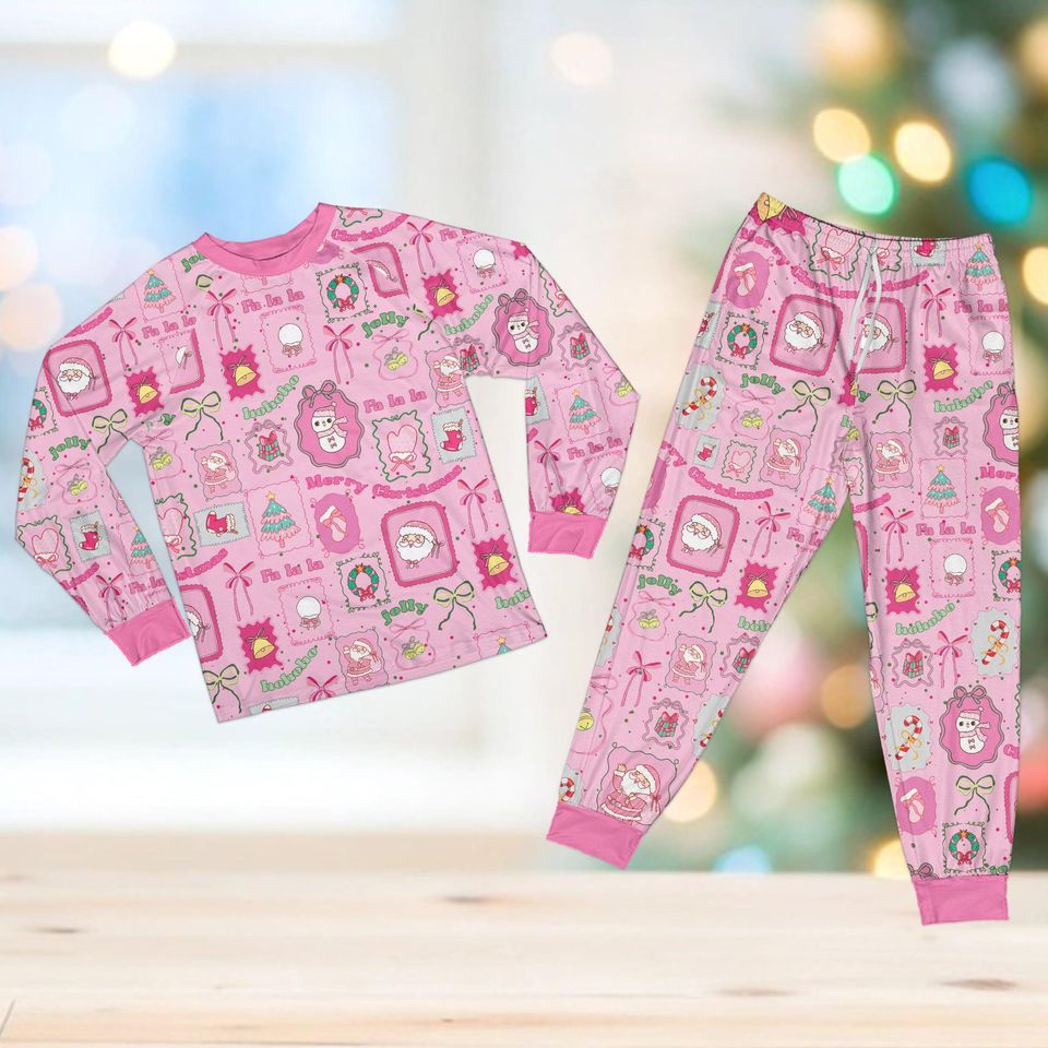 Coquette Christmas Pajama Set, Cute Preppy Christmas Long Sleeve Two Piece Pajama, Girly Christmas Pajamas, Tis The Season Holiday Xmas Gift