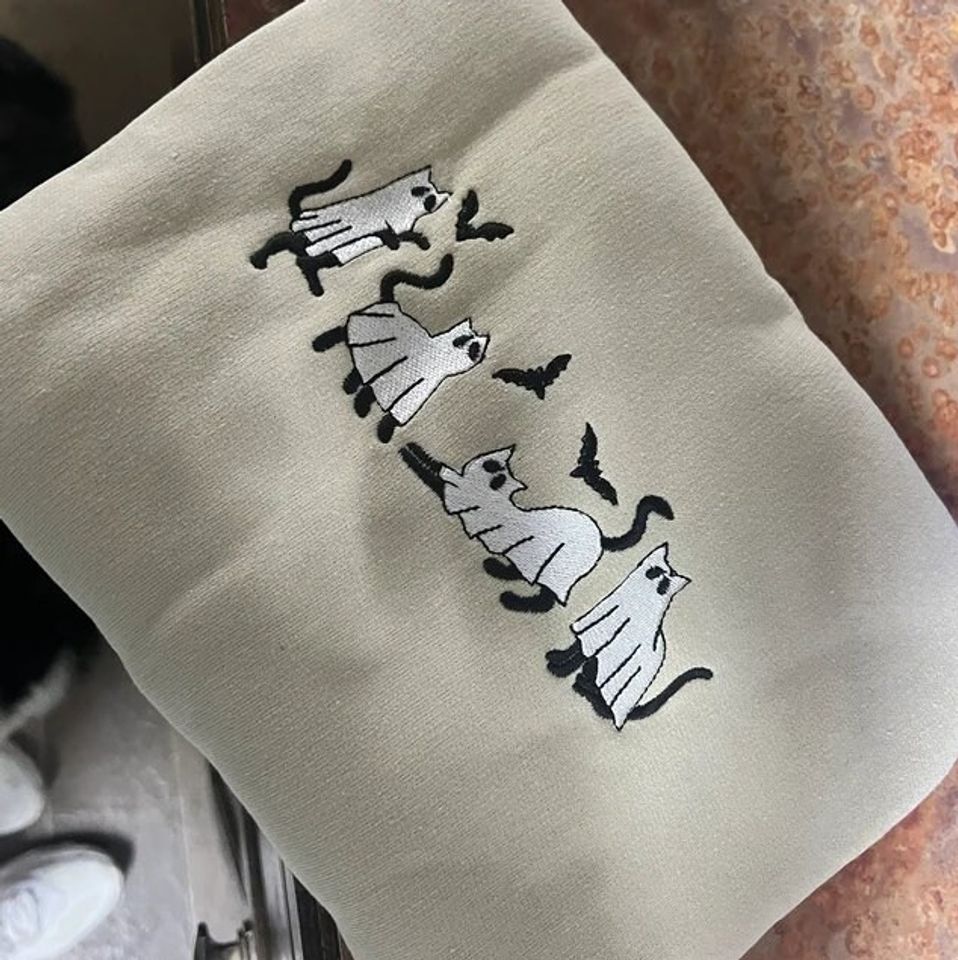 Cat Ghost Embroidered Sweatshirt, Cute Halloween Sweatshirt, Embroidered Cat Crewneck