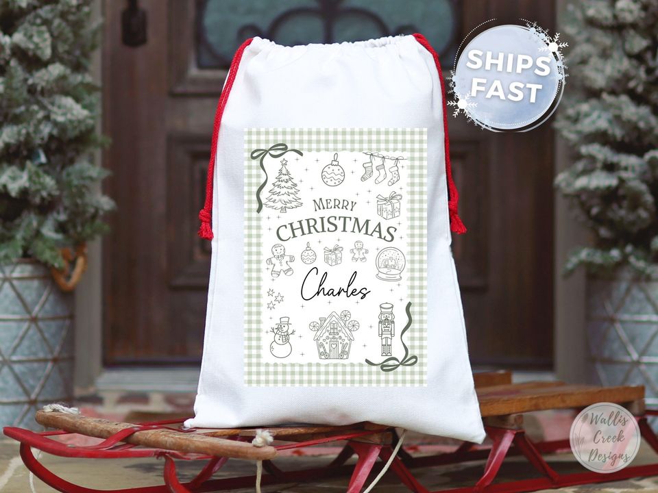 Personalized Christmas Santa Sack, Green Check Print
