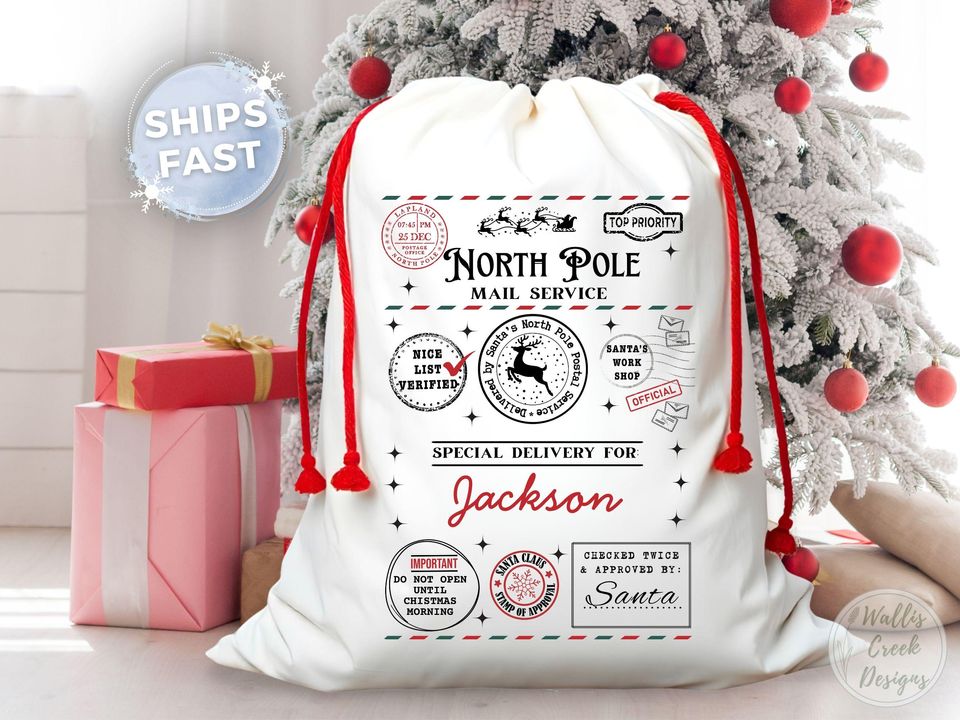Personalized North Pole Mail Bag, Christmas Gift Sack
