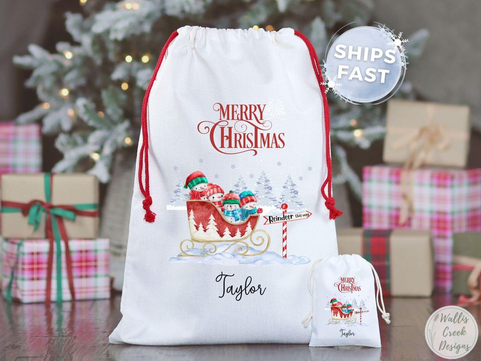 Personalized Snowman Christmas Santa Sack, Custom Xmas Gift Bag