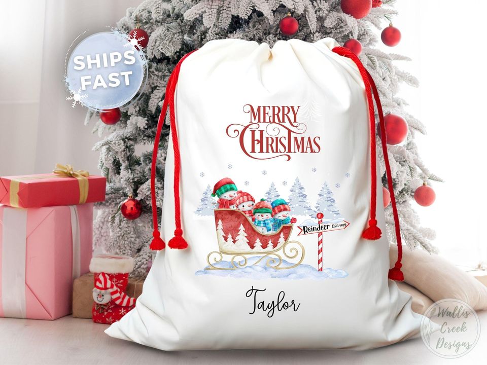 Personalized Snowman Christmas Santa Sack, Custom Xmas Gift Bag