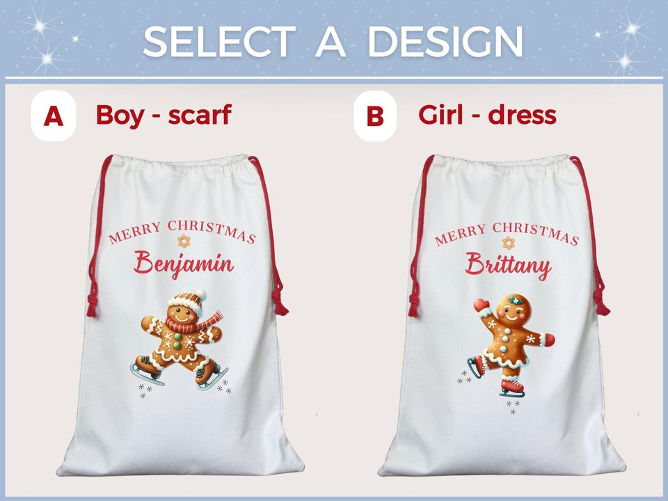 Personalized Gingerbread Santa Sack, Custom Christmas Gift Bag