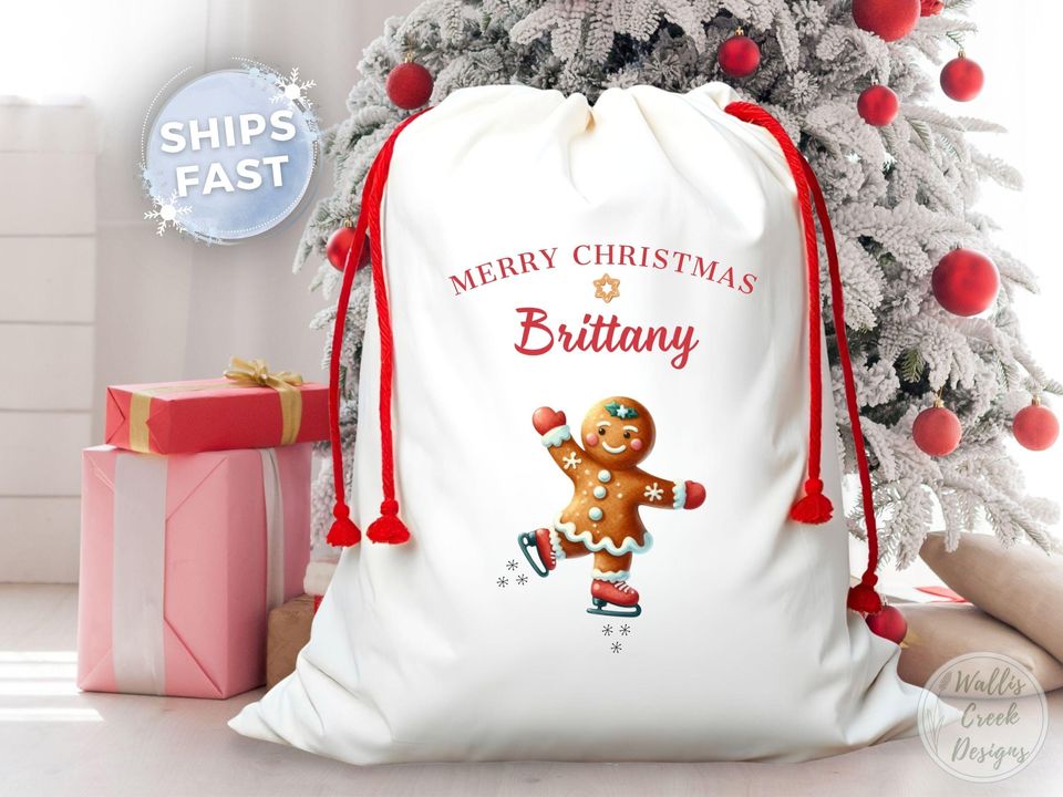 Personalized Gingerbread Santa Sack, Custom Christmas Gift Bag
