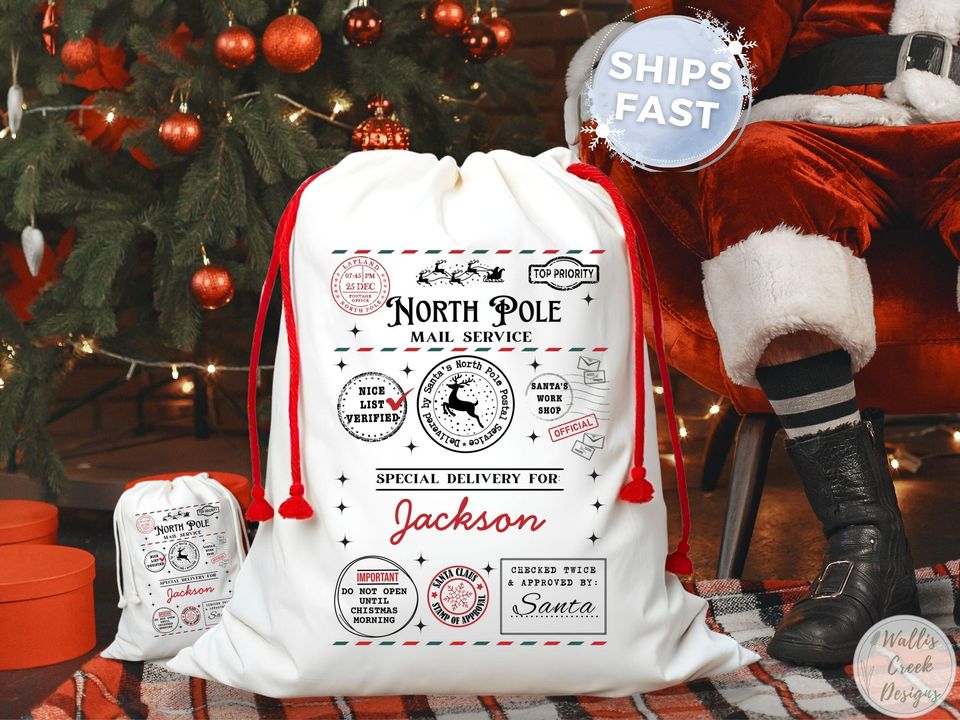 Personalized North Pole Mail Bag, Christmas Gift Sack
