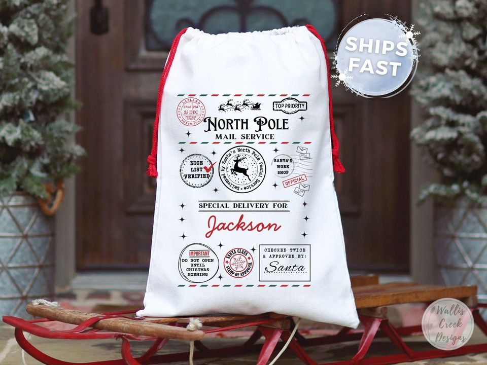 Personalized North Pole Mail Bag, Christmas Gift Sack