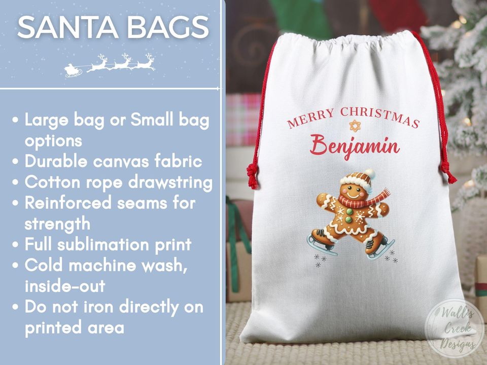 Personalized Gingerbread Santa Sack, Custom Christmas Gift Bag