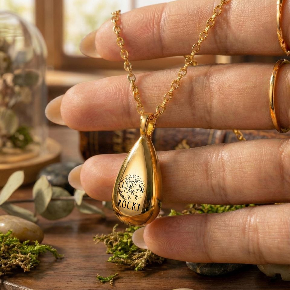 Personalized Teardrop Cremation Necklace with Name Mountain Design Memorial Jewelry
