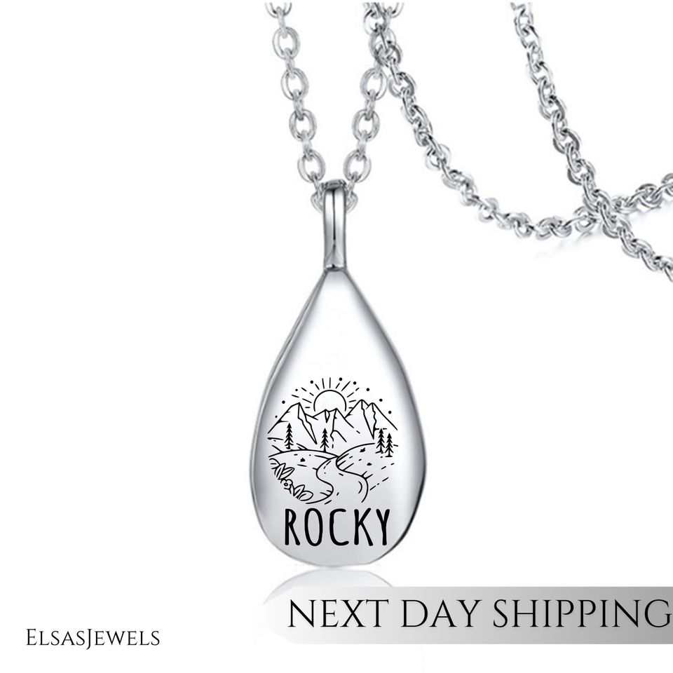 Personalized Teardrop Cremation Necklace with Name Mountain Design Memorial Jewelry