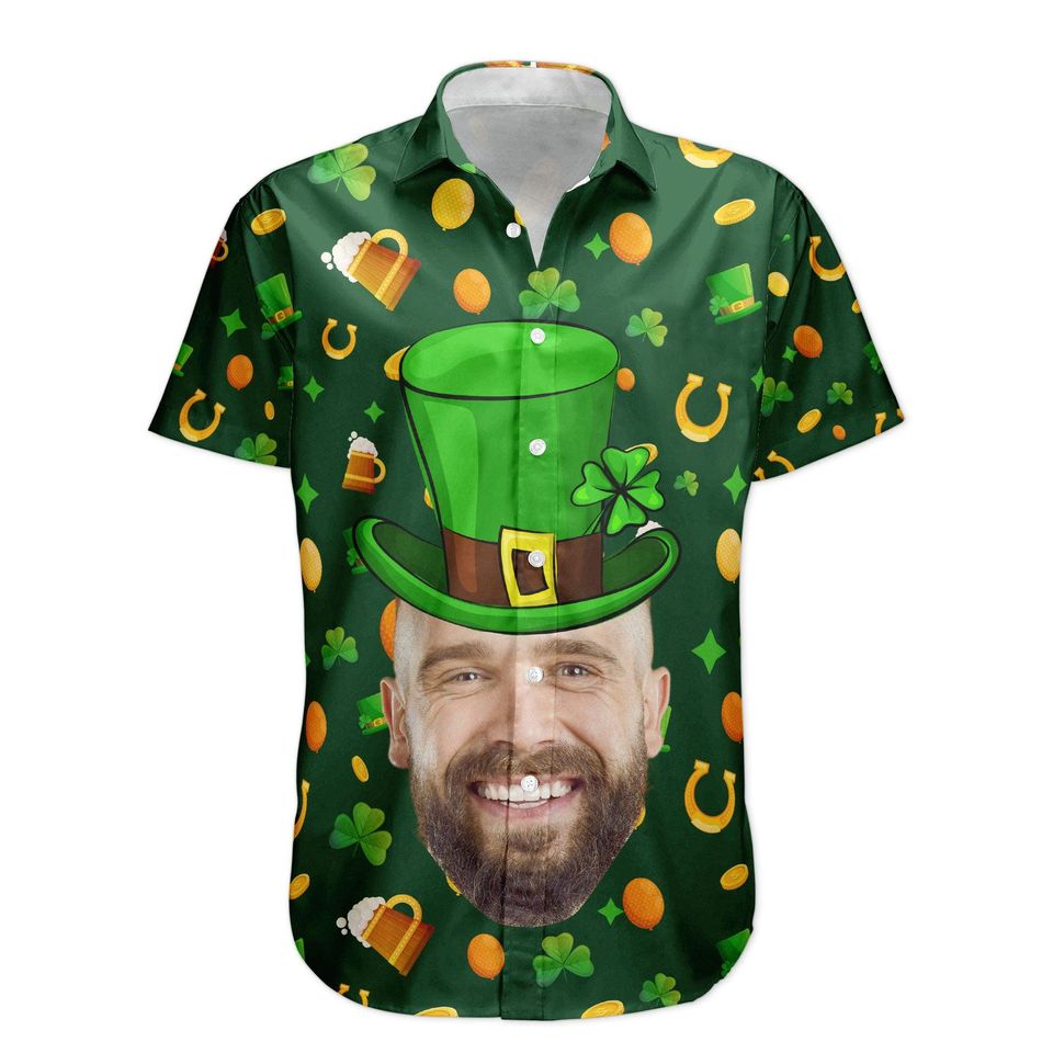 Custom Face Funny Happy St Patrick's Day, Custom Photo Hawaiian Shirts, Perfect Gift For Beer Lover, Funny Face Shamrock Shirt, Gift for Him