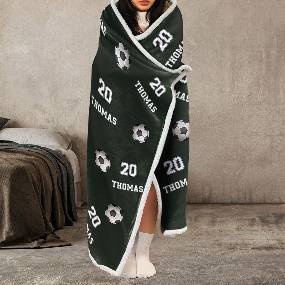 Personalized Soccer Wearable Hooded Blanket, Custom Name And Number, Christmas Gift Birthday Gift For Soccer Player Team Soccer Mom