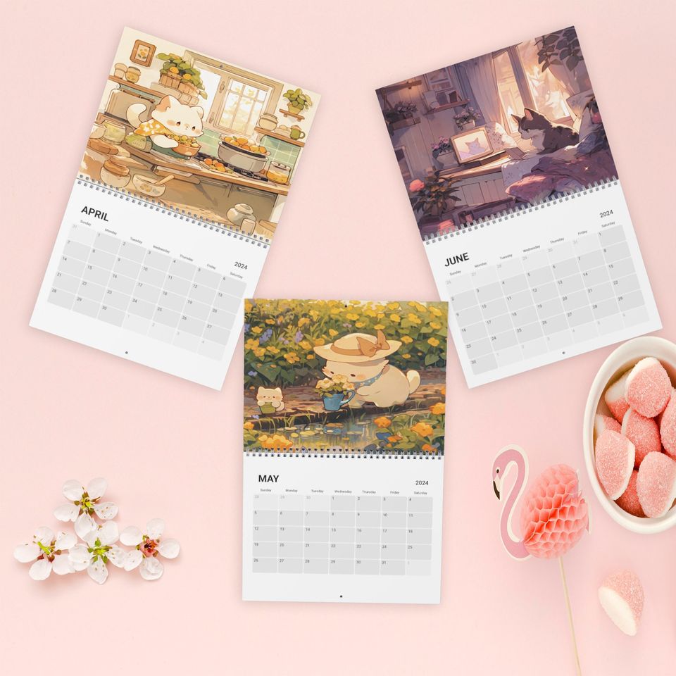 Kawaii Anime Cats 2024 Calendar, Anime Decor