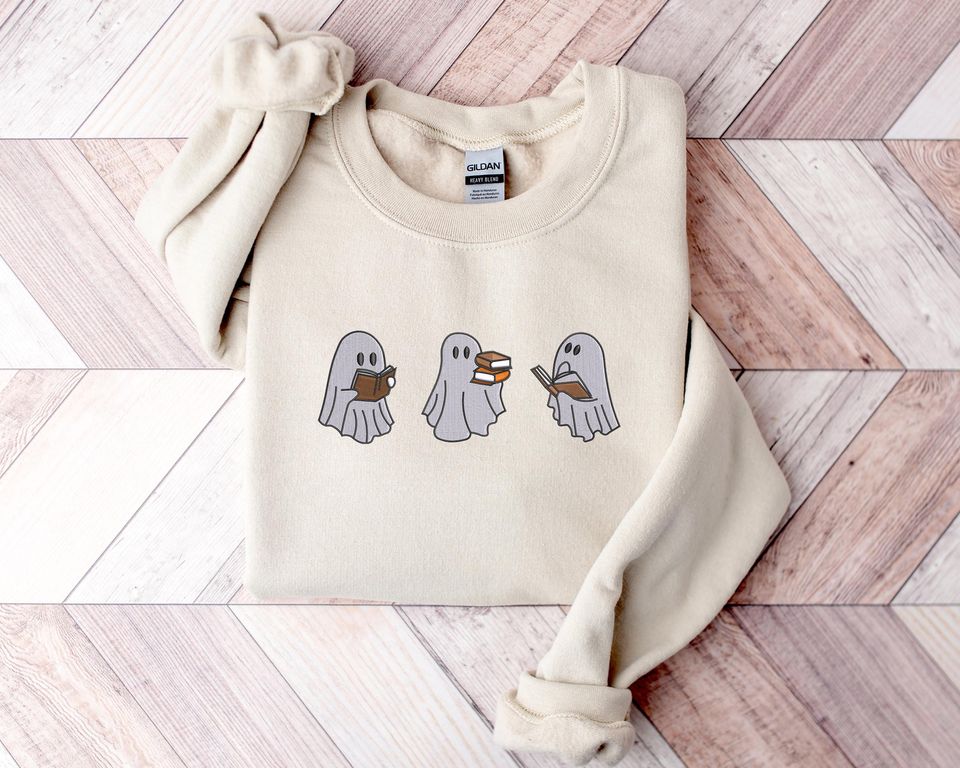 Spooky Ghost Reading Book Sweatshirt, Embroidered Halloween Crewneck Sweatshirt