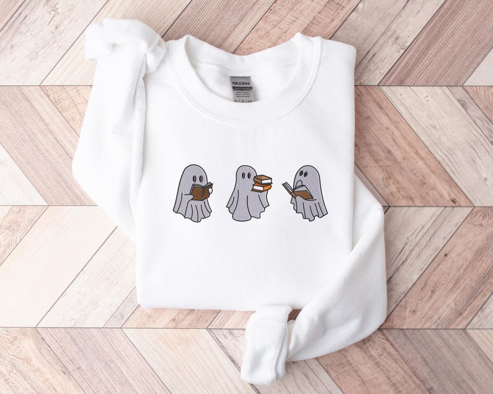 Spooky Ghost Reading Book Sweatshirt, Embroidered Halloween Crewneck Sweatshirt