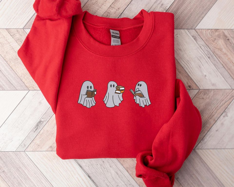 Spooky Ghost Reading Book Sweatshirt, Embroidered Halloween Crewneck Sweatshirt