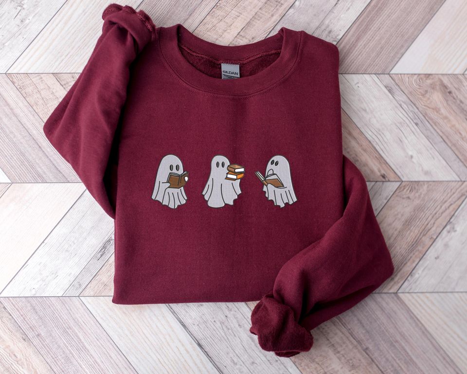 Spooky Ghost Reading Book Sweatshirt, Embroidered Halloween Crewneck Sweatshirt
