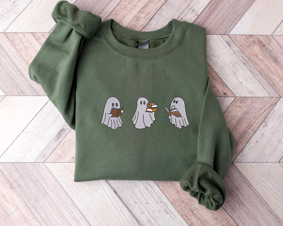 Spooky Ghost Reading Book Sweatshirt, Embroidered Halloween Crewneck Sweatshirt