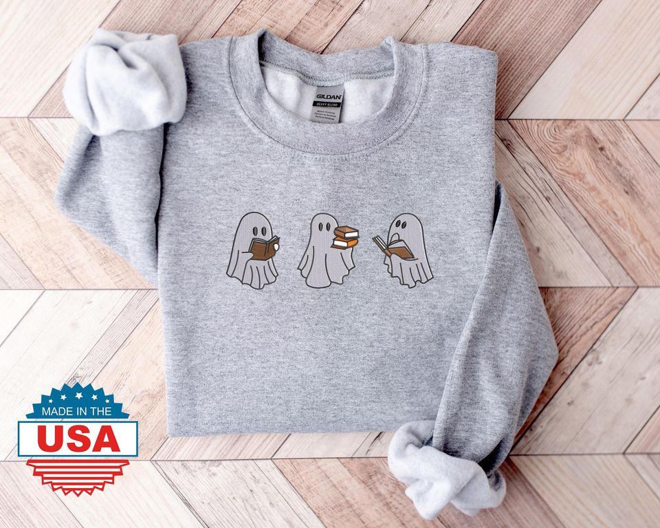 Spooky Ghost Reading Book Sweatshirt, Embroidered Halloween Crewneck Sweatshirt