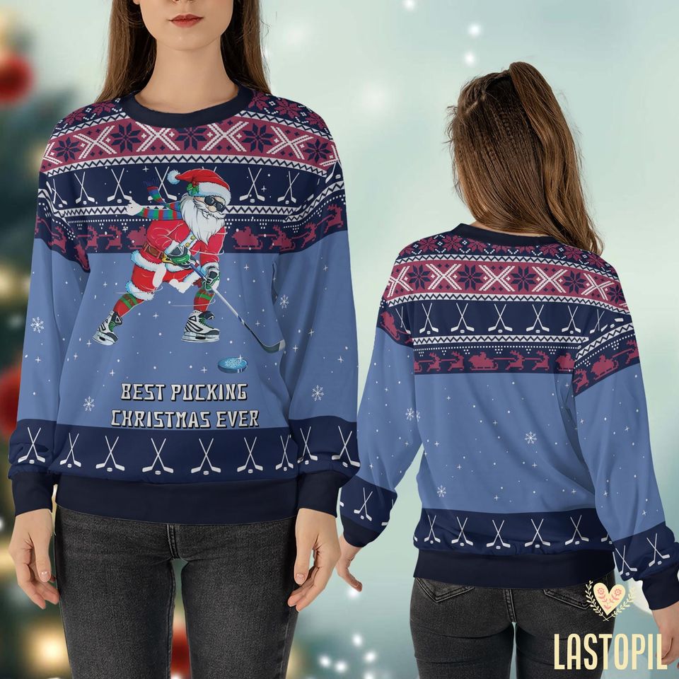 Santa Claus Ugly Christmas Sweater Hockey Player Pullover