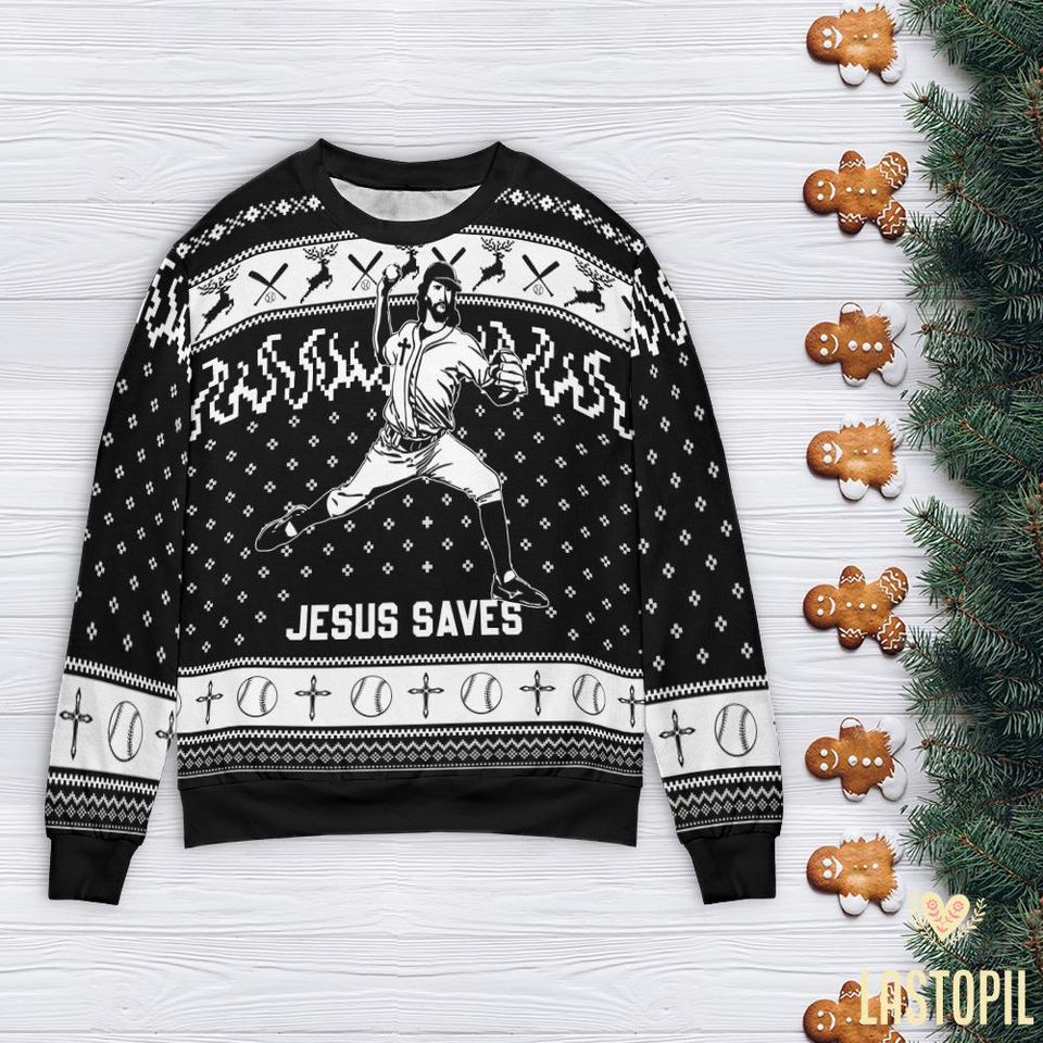 Jesus Saves Baseball Ugly Christmas Sweater Player Mom Crewneck Pullover