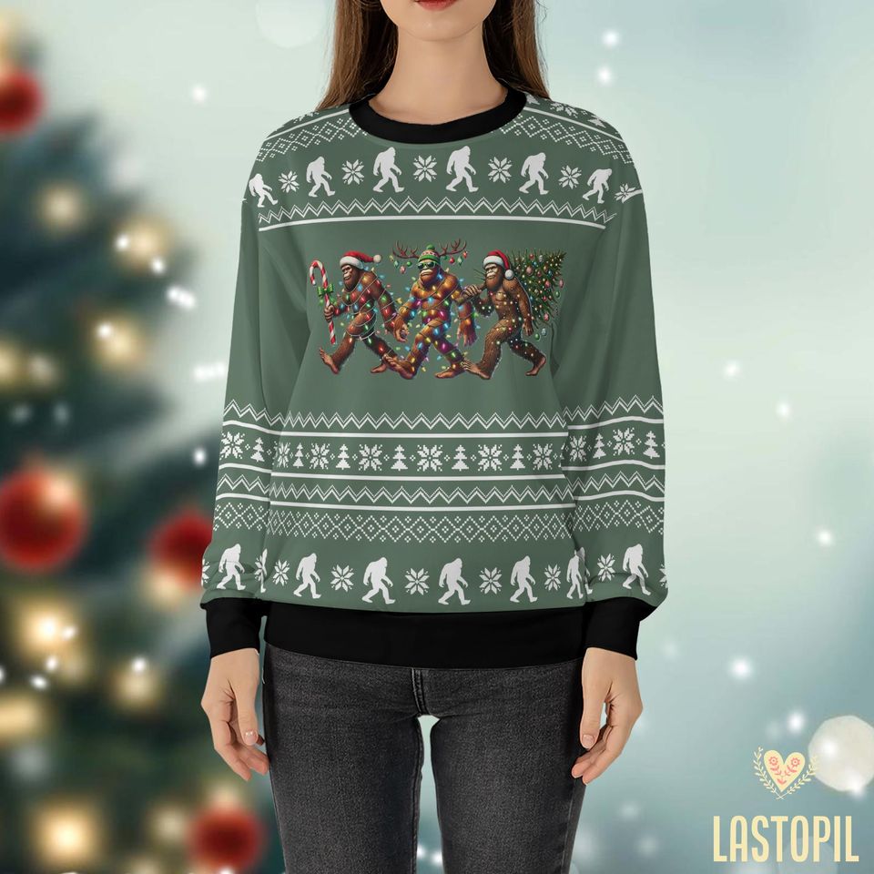 Bigfoot Christmas Ugly Sweater, Sasquatch Camping Sweatshirt