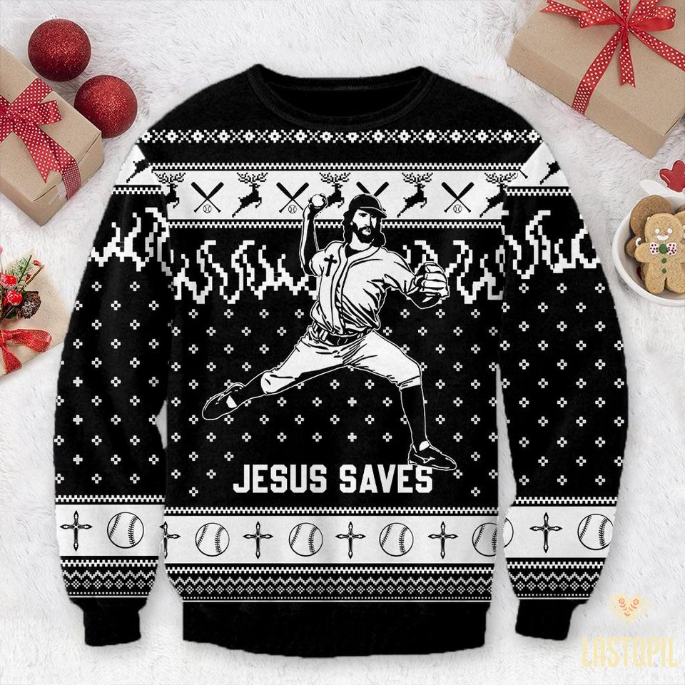 Jesus Saves Baseball Ugly Christmas Sweater Player Mom Crewneck Pullover