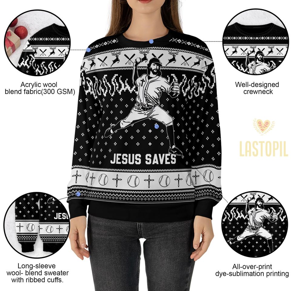 Jesus Saves Baseball Ugly Christmas Sweater Player Mom Crewneck Pullover