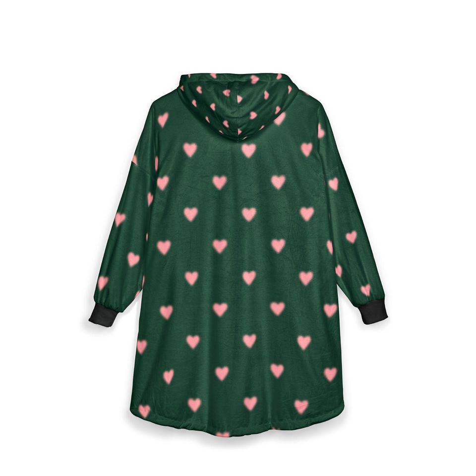 WICKED FOR GOOD heart Hooded Blanket | green pink hearts, cozy wearable blanket