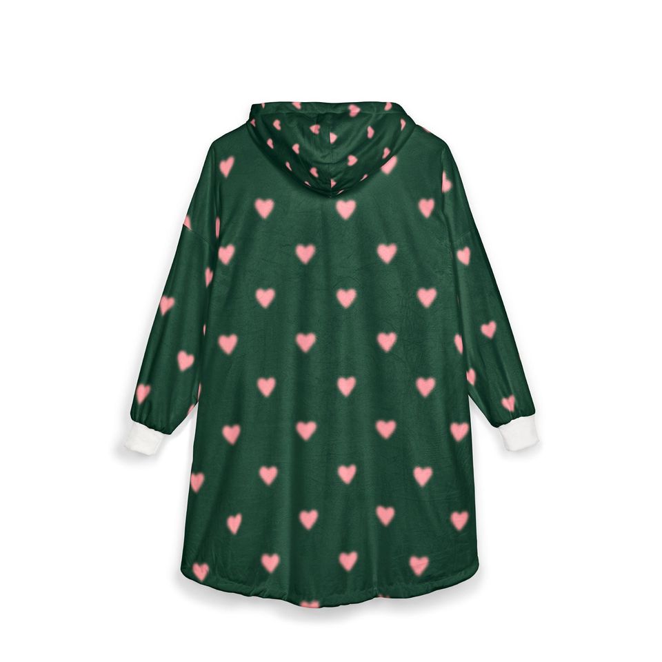 WICKED FOR GOOD heart Hooded Blanket | green pink hearts, cozy wearable blanket