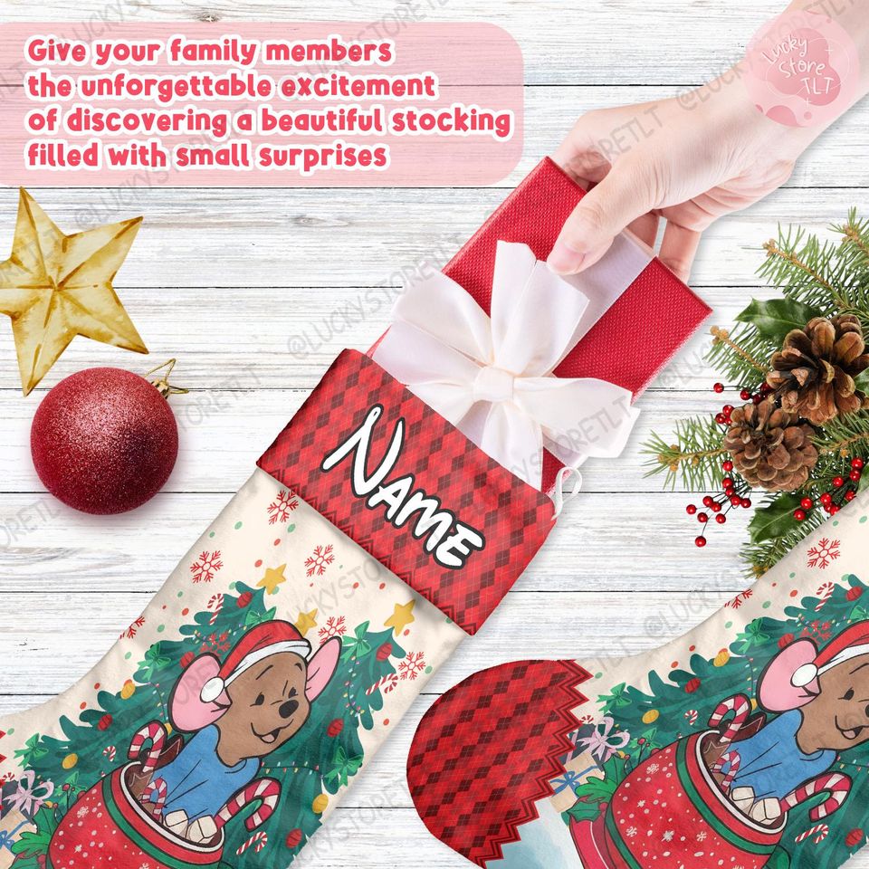 Custom Winnie the Pooh Xmas Stocking, Personalized Pooh Bear Gingerbread Stockings, Custom Name Holiday Stocking with Tigger, Piglet &Eeyore