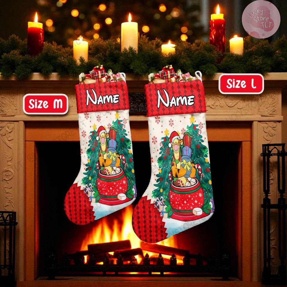 Custom Winnie the Pooh Xmas Stocking, Personalized Pooh Bear Gingerbread Stockings, Custom Name Holiday Stocking with Tigger, Piglet &Eeyore