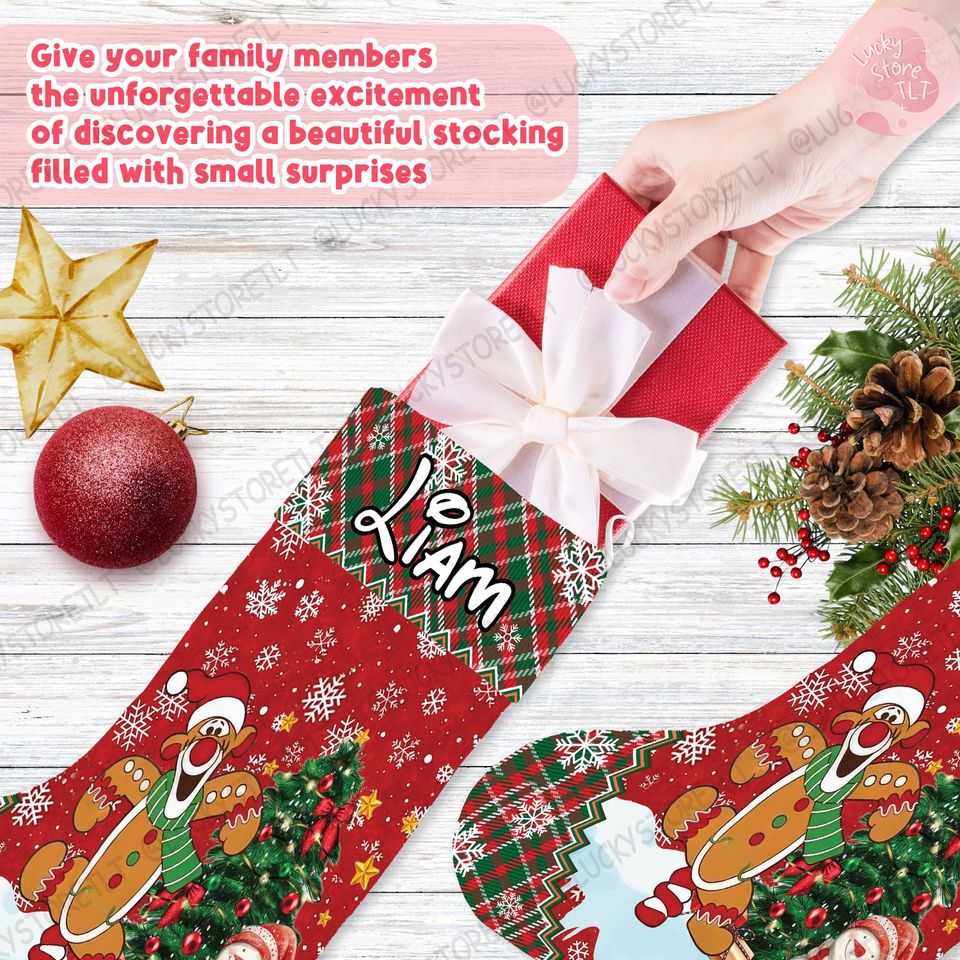 Custom Winnie the Pooh Xmas Stocking, Personalized Pooh Bear Gingerbread Stockings, Custom Name Holiday Stocking with Tigger, Piglet &Eeyore