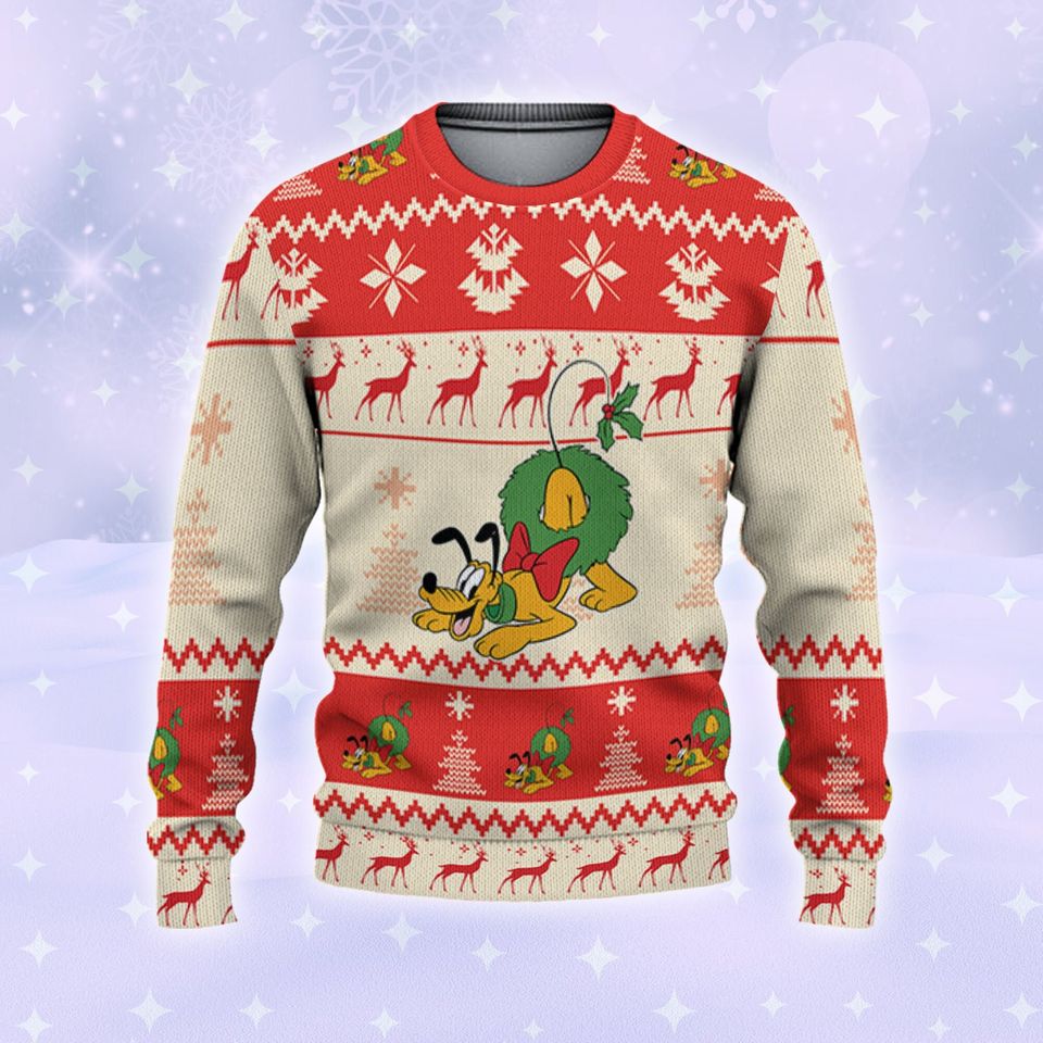 Disney Christmas Pluto Xmas Pine Trees Reindeer Red Ugly Sweater