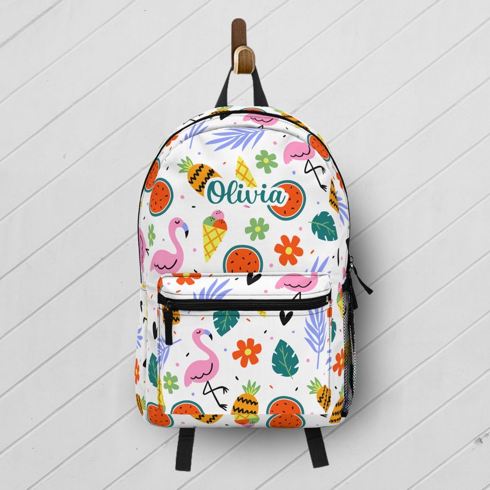 Personalized Flamingo Backpack / Tropical Fruit Book Bag Custom Name / Personalized Kids Backpack and Lunch Box / Colorful Book Bag For Kids