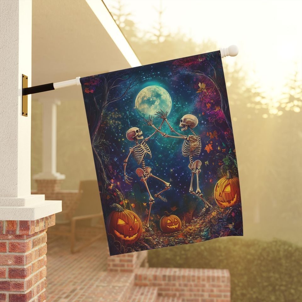 Skeleton Flag, Whimsical halloween decor, Dancing skeletons, fun fall flag