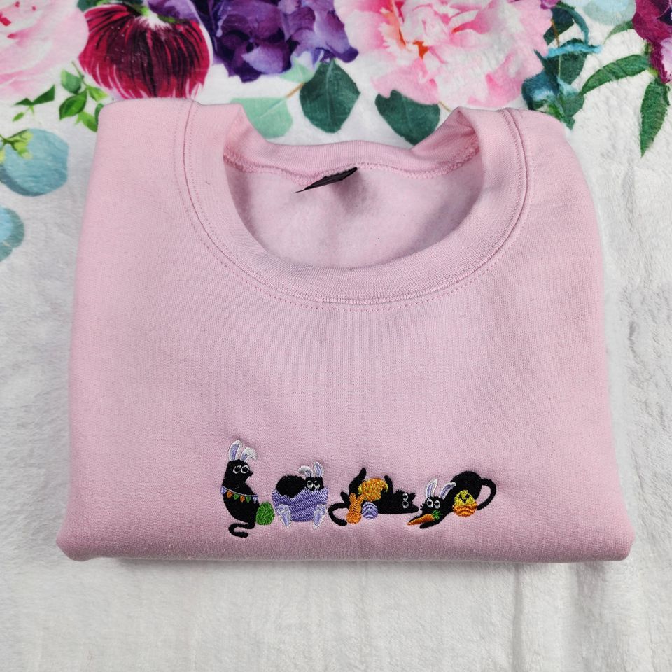 Embroidered Easter Black Cats Sweatshirt, Easter Cute Cat Sweater, Easter Egg Hunt Cat Tee, Embroidery Sweatshirt For Her, Gifts for Easter